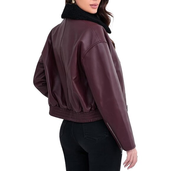Womens Burgundy Leather Cropped Lambskin Bomber Jacket Zip Front Sherpa Collar - Picture 5 of 6
